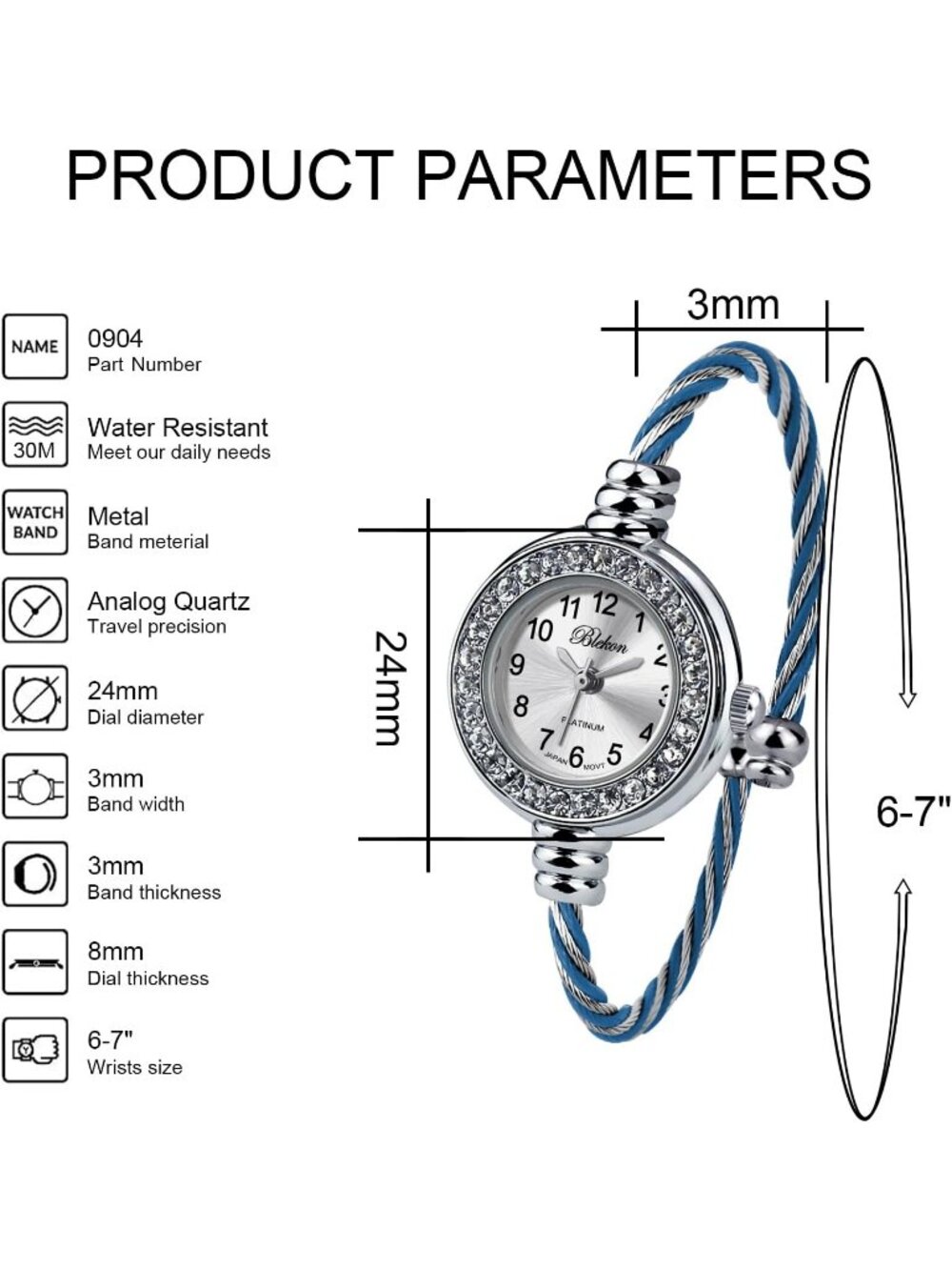 Women's Rhinestone Silver/Blue Round Analog Display Arabic Number Bracelet Watch - Picture 2 of 7